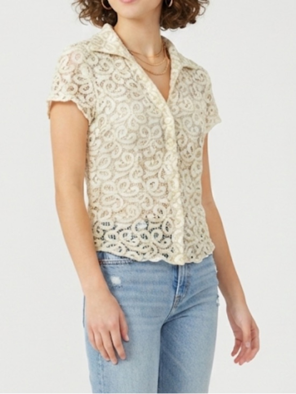 Evan Picone Cream Lace Short Sleeve Button Front Women’s Blouse Size 4P